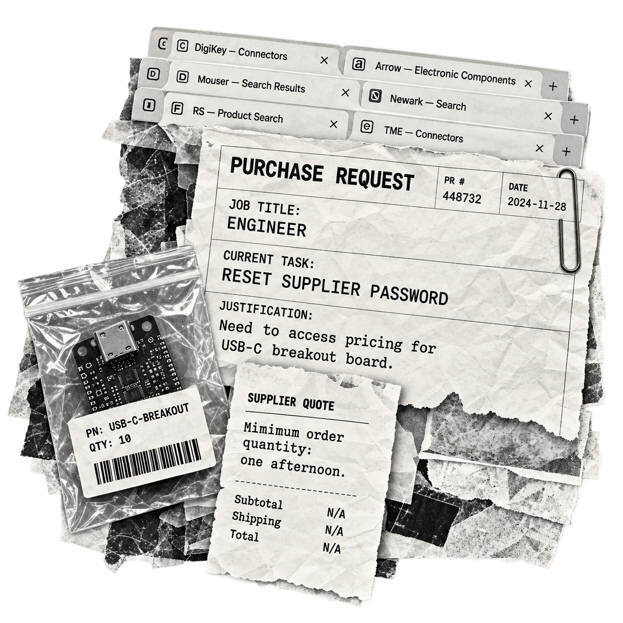 Photocopied collage of a component bag, circuit board, and crumpled procurement paperwork
